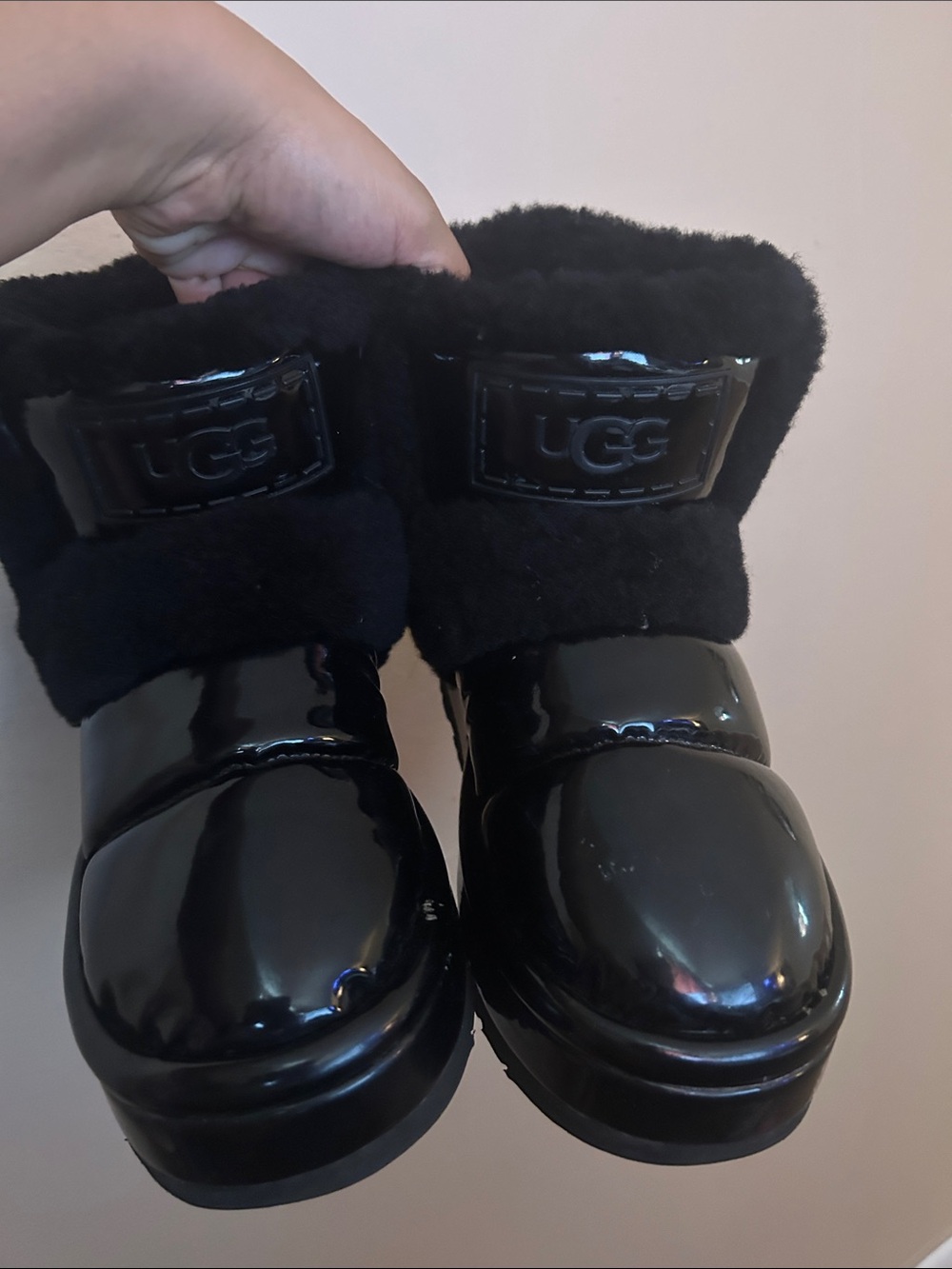 UGG Womens Black Patent Puff Boots with Plush Cuff